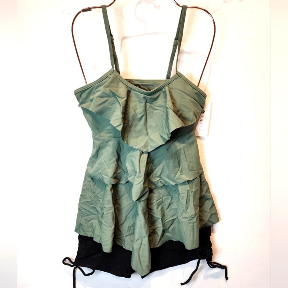 New Olive Green Black Swimsuit with‎ Shorts Tankini Modest Bathing Suit Size XS